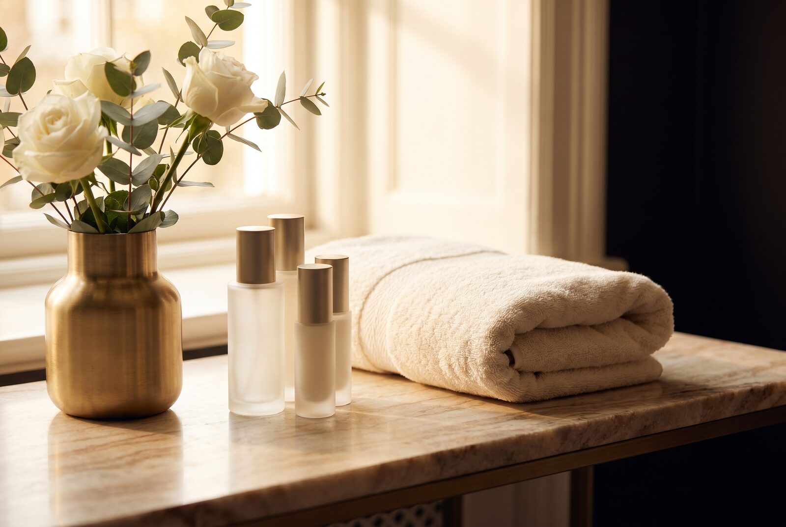 Produtos e flores numa clínica de estética premium