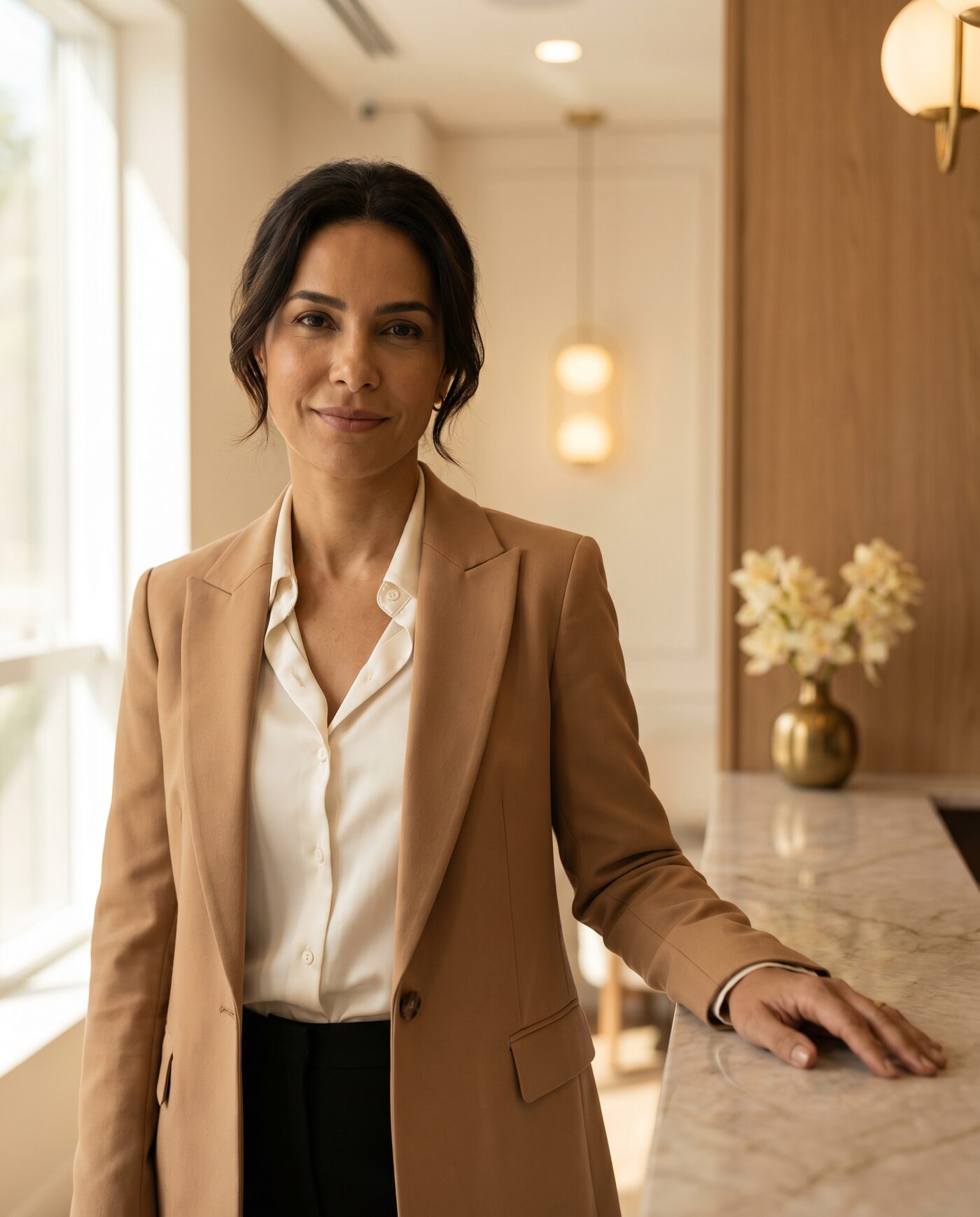 Dona de clínica de estética confiante na recepção da clínica