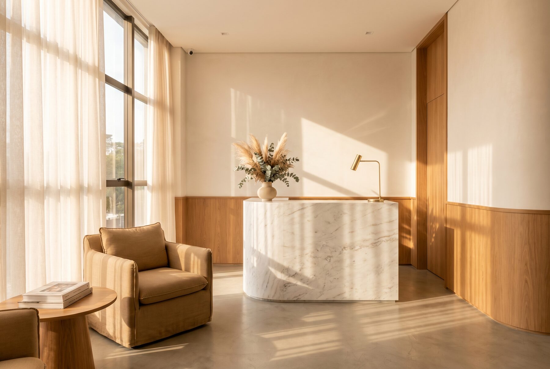Recepção de clínica de estética premium com luz dourada