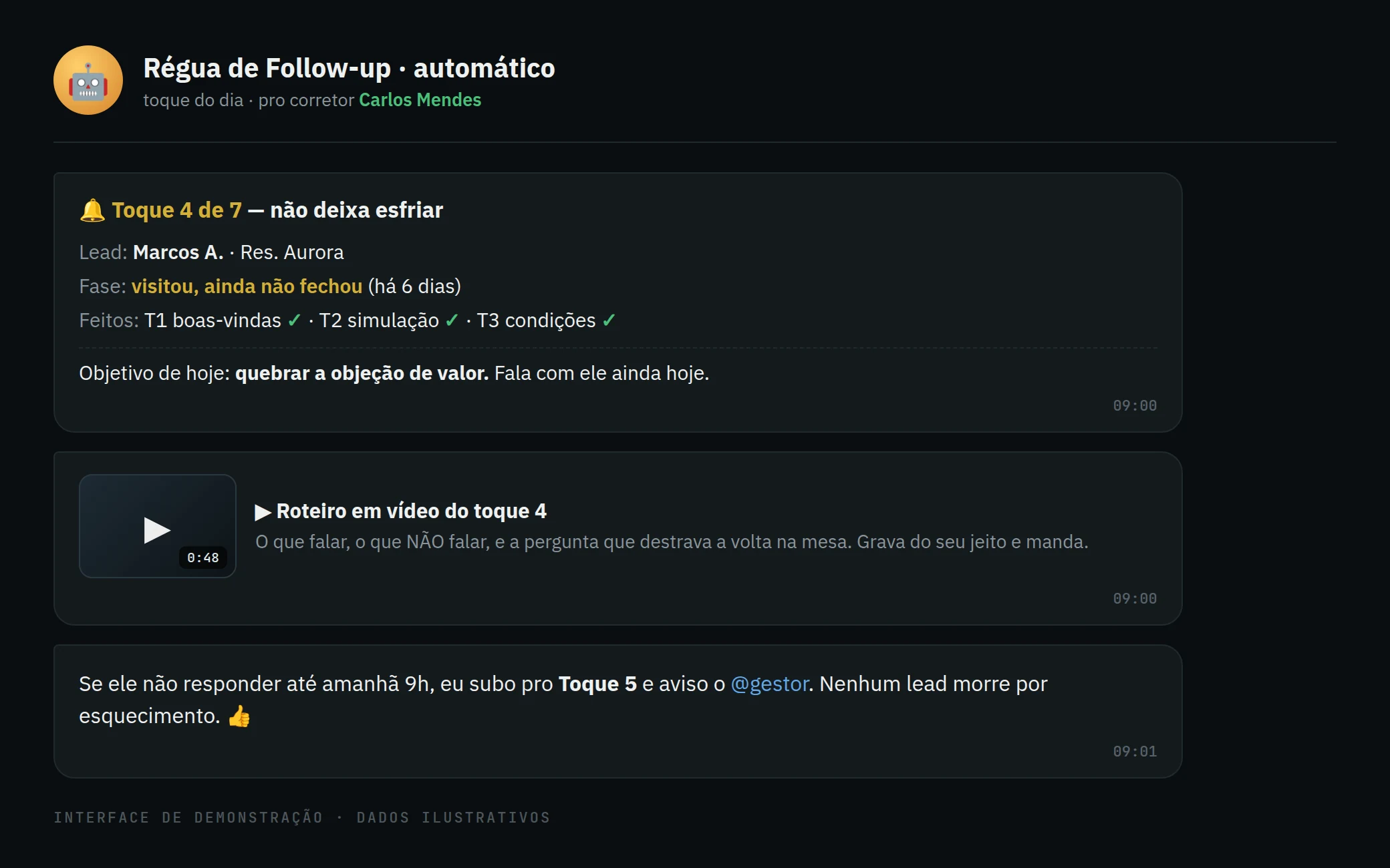 Aviso automático pro corretor: toque da régua, fase do lead e roteiro em vídeo